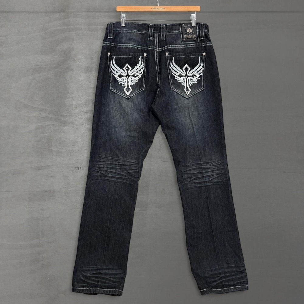 Y2K Victorious Jeans Black Black Crazy Winged Cross Embroidered 34 x 32